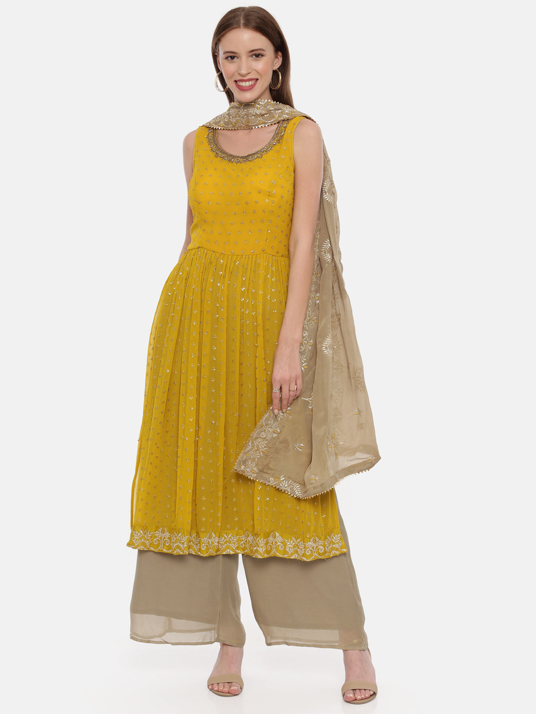 Neerus Yellow georgette sleeveless suit set - front view