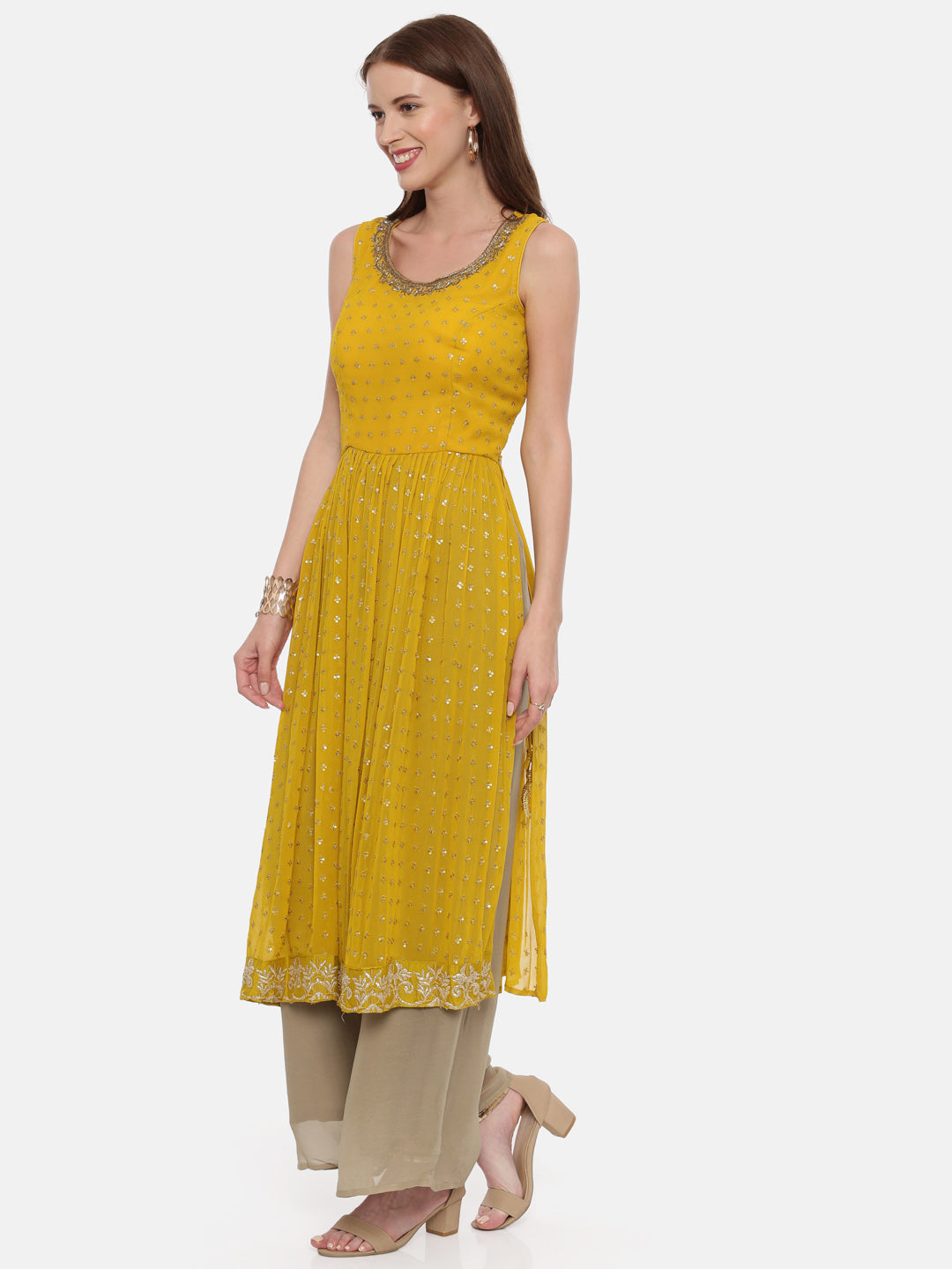Neerus Yellow georgette sleeveless suit set - detail view 2