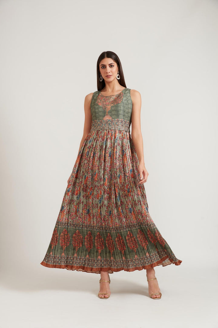 Neerus Green silk gown - front view