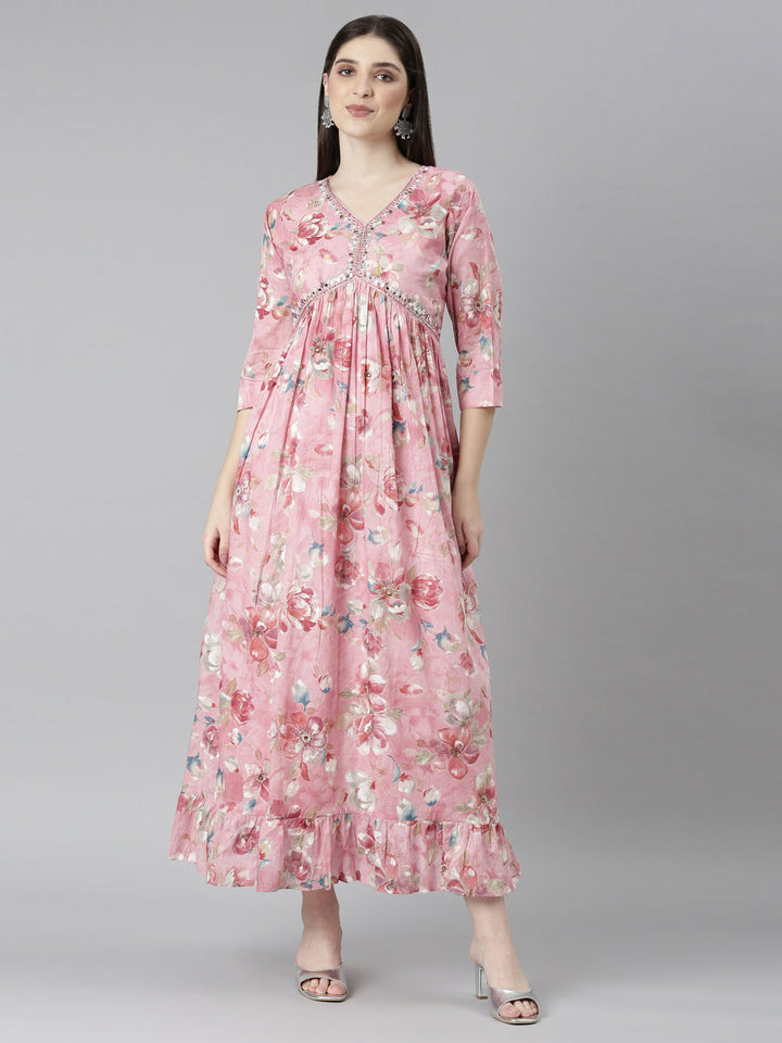Neerus Pink floral printed straight dress - front view