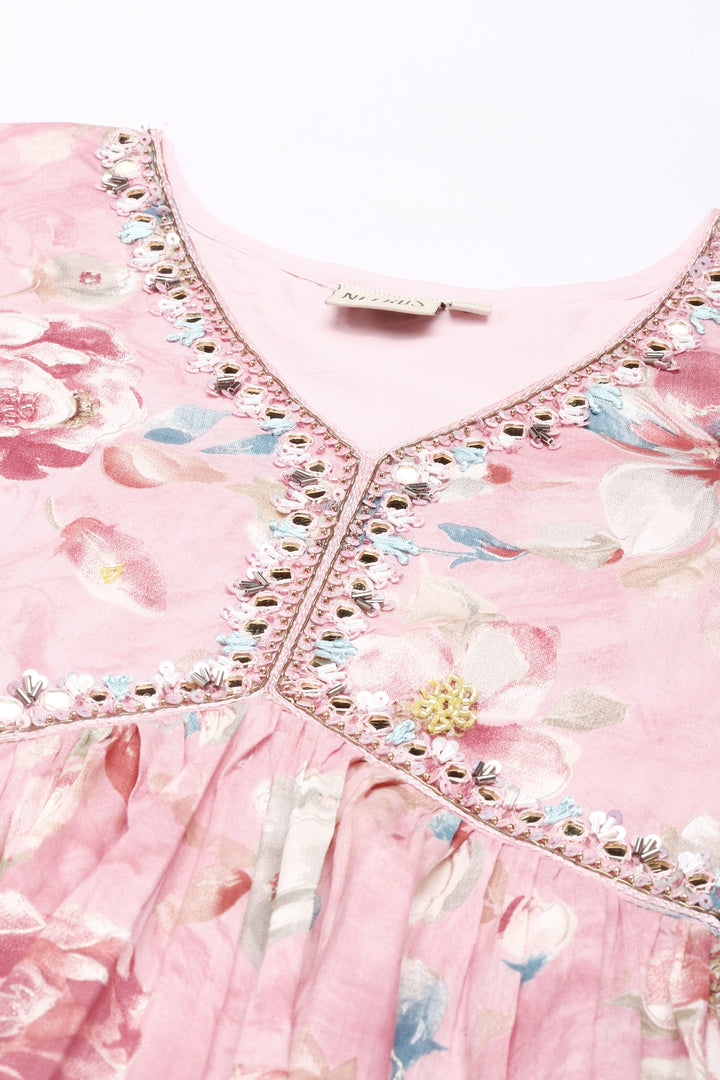Neerus Pink floral printed straight dress - back view