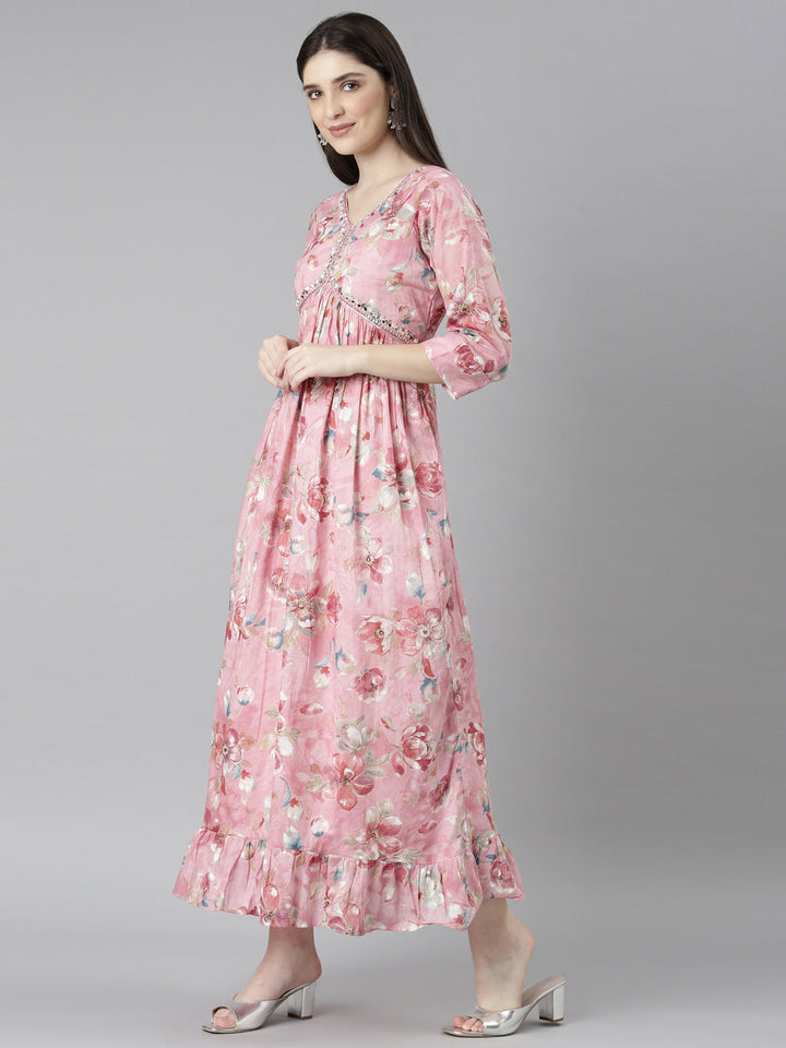 Neerus Pink floral printed straight dress - side view