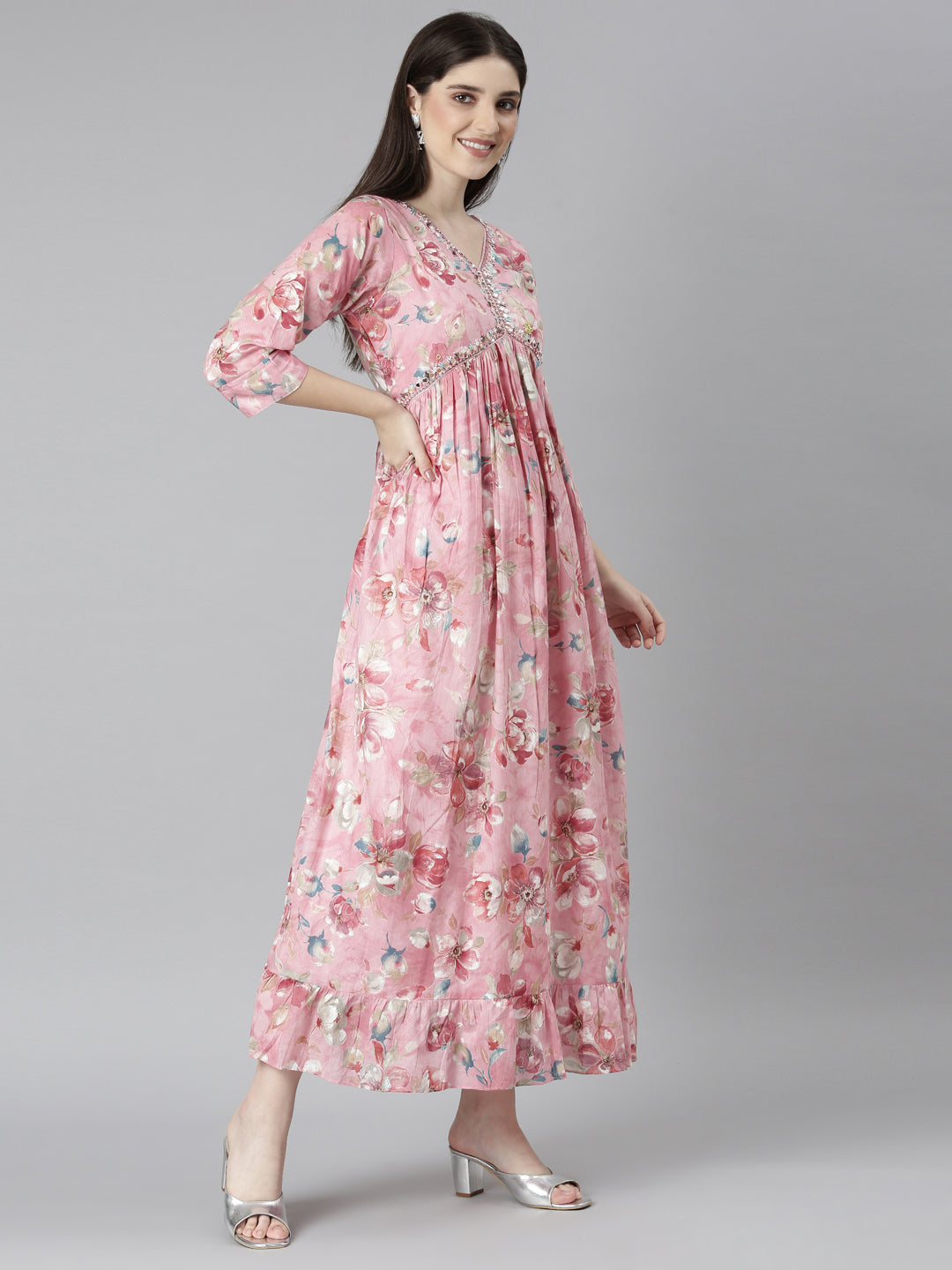 Neerus Pink floral printed straight dress - detail view 1
