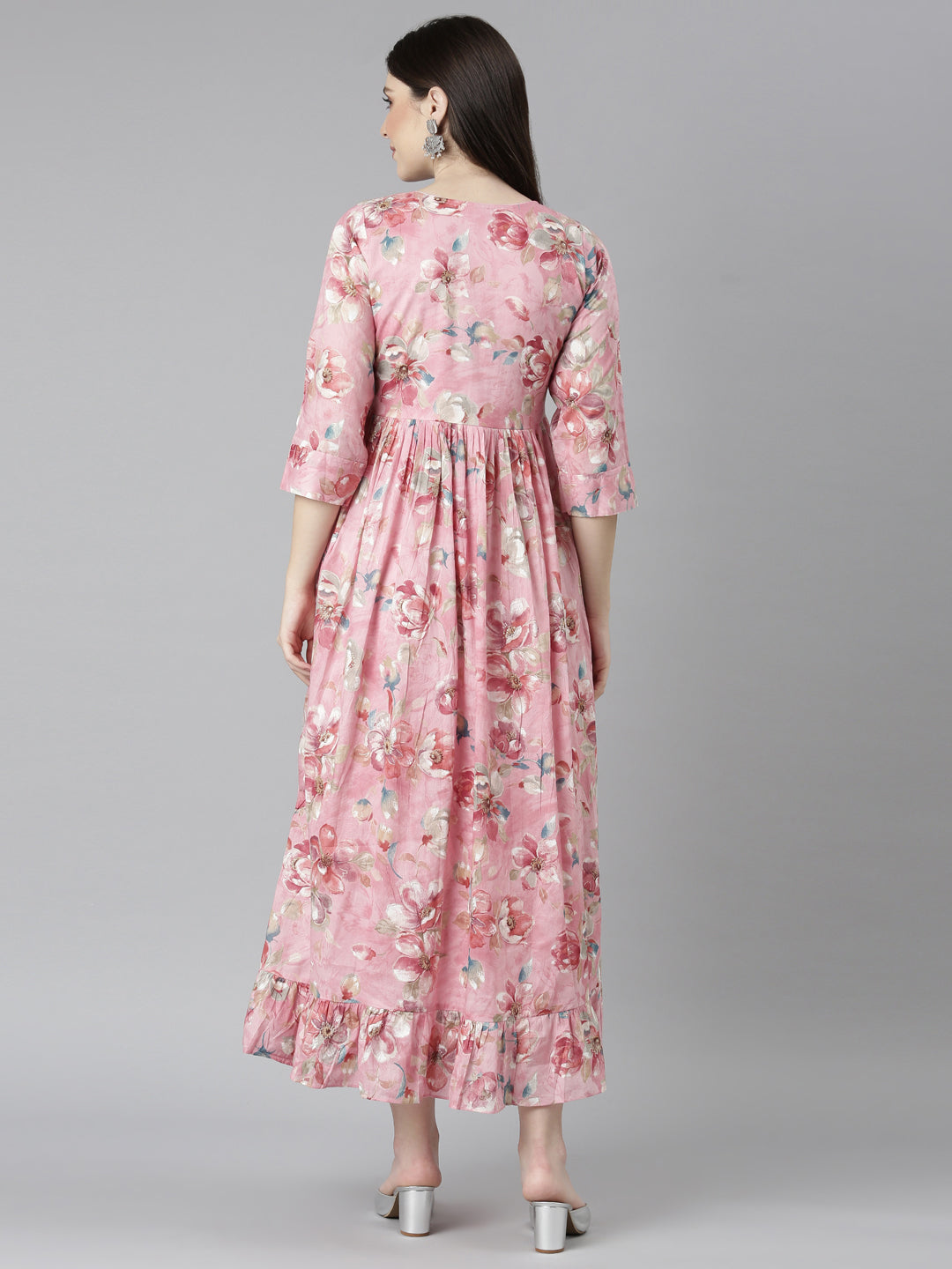 Neerus Pink floral printed straight dress - detail view 2