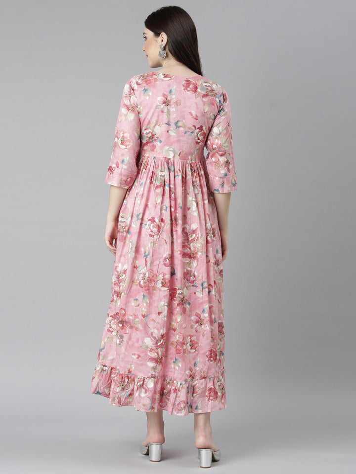 Neerus Pink floral printed straight dress - detail view 2