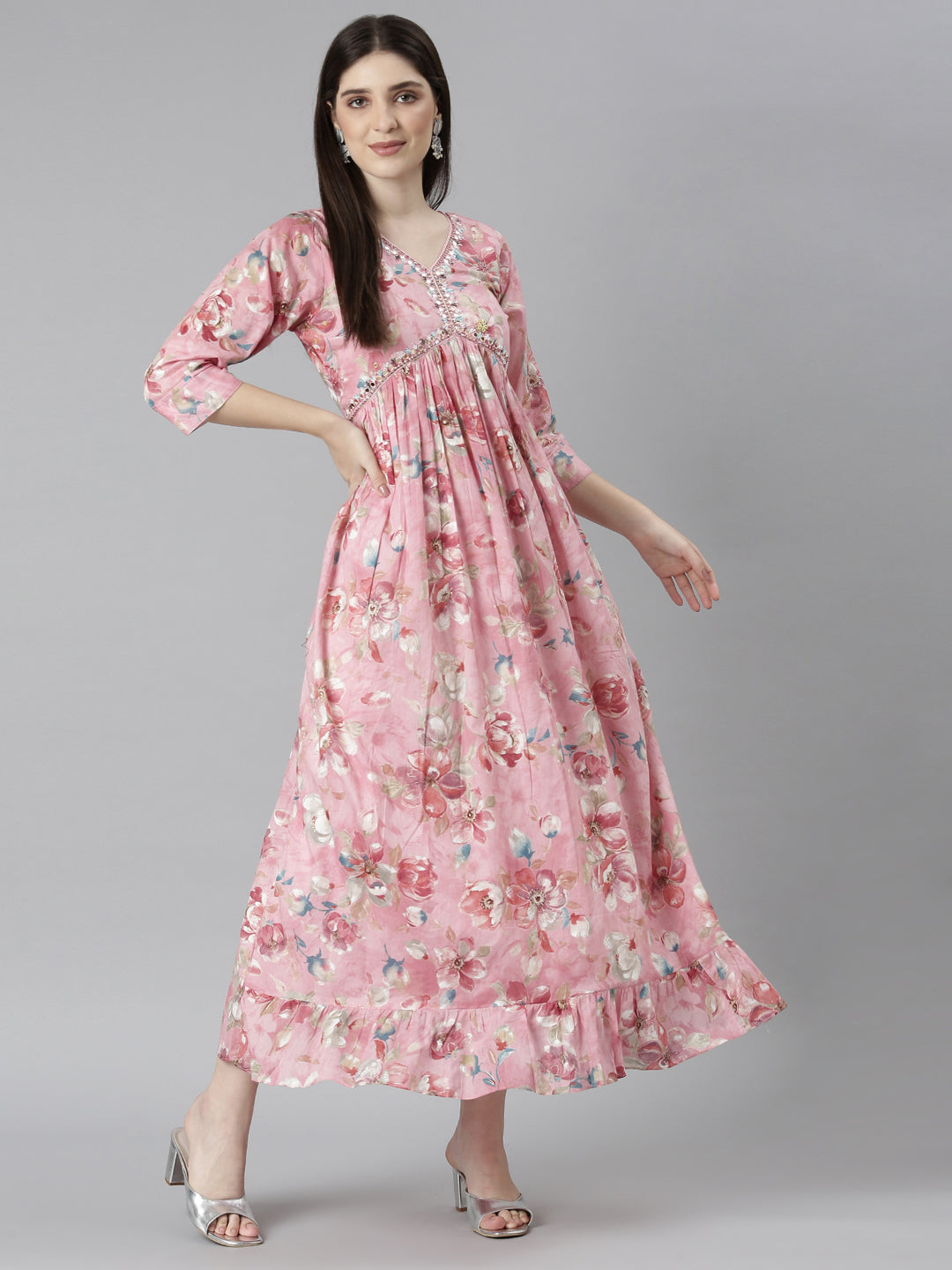 Neerus Pink floral printed straight dress - detail view 3