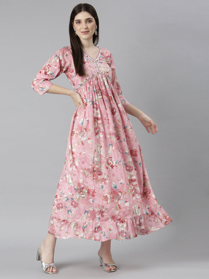 Neerus Pink floral printed straight dress - detail view 3