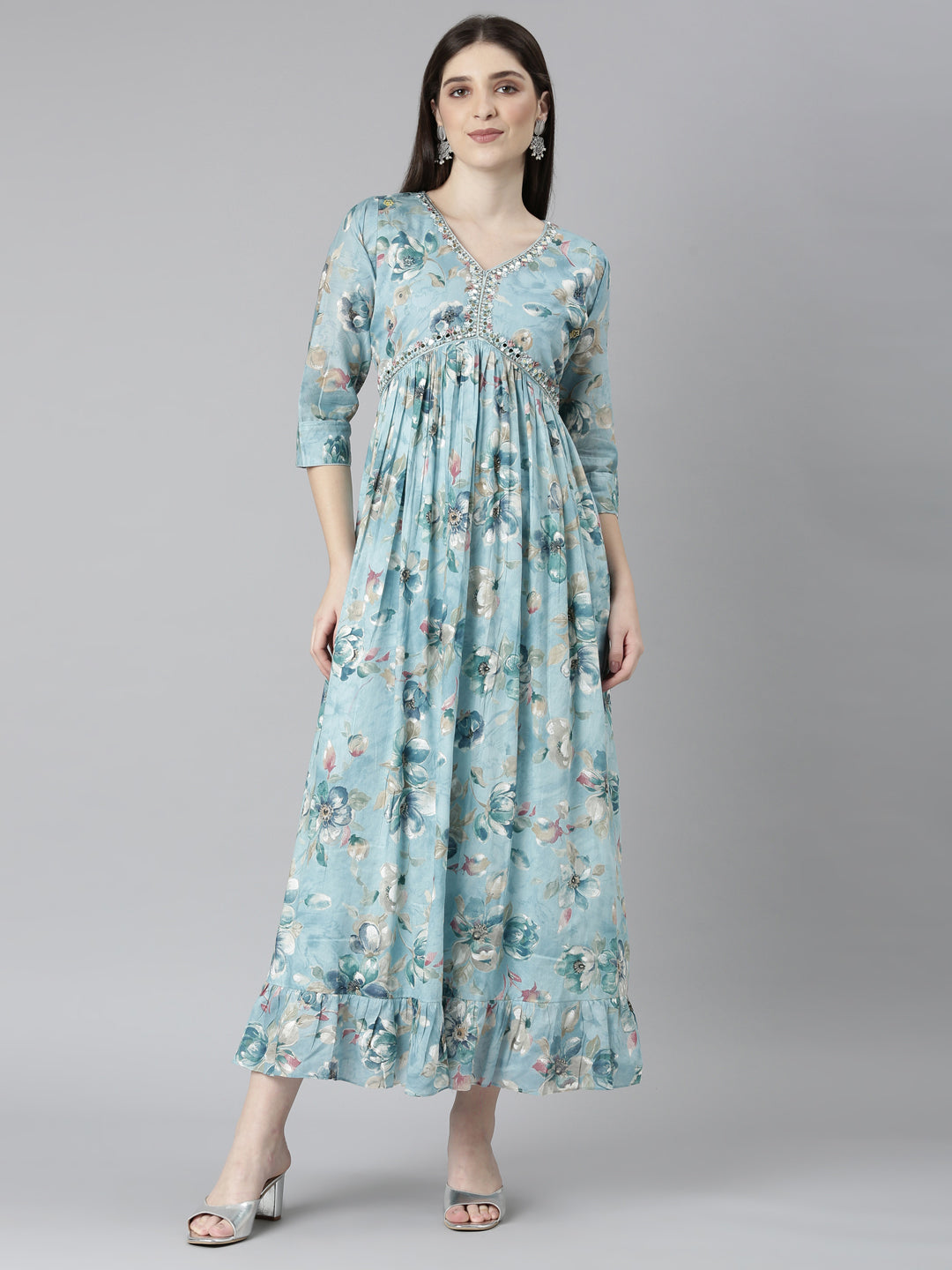 Neerus Blue floral printed straight dress - front view