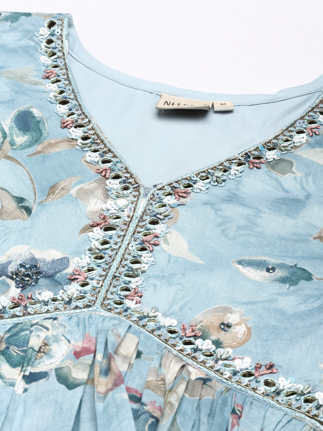 Neerus Blue floral printed straight dress - back view