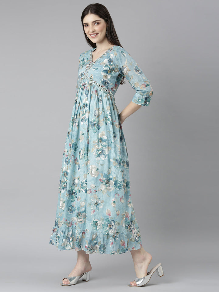 Neerus Blue floral printed straight dress - detail view 1