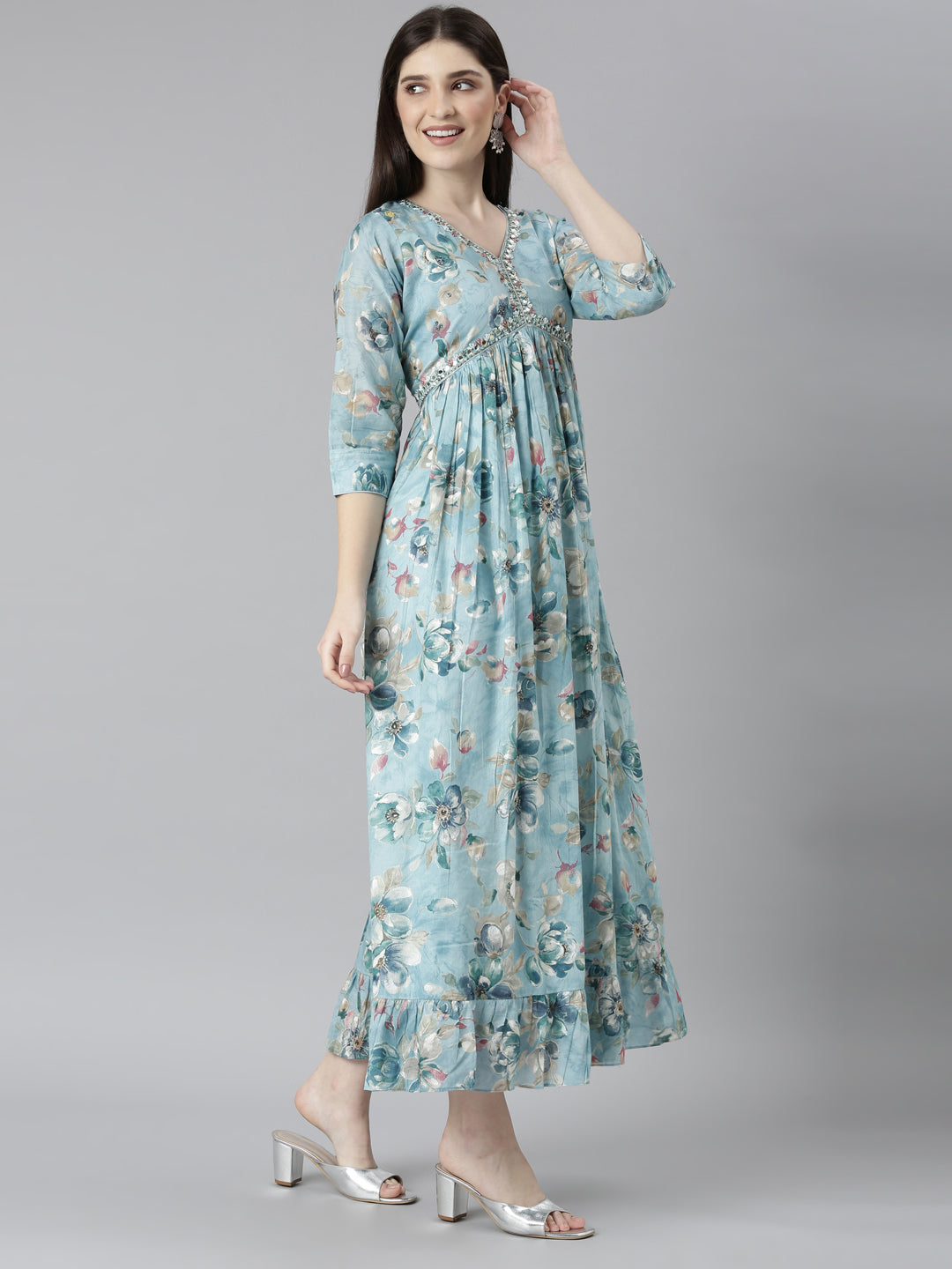 Neerus Blue floral printed straight dress - detail view 2