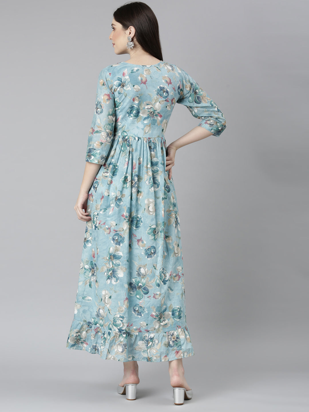 Neerus Blue floral printed straight dress - detail view 3