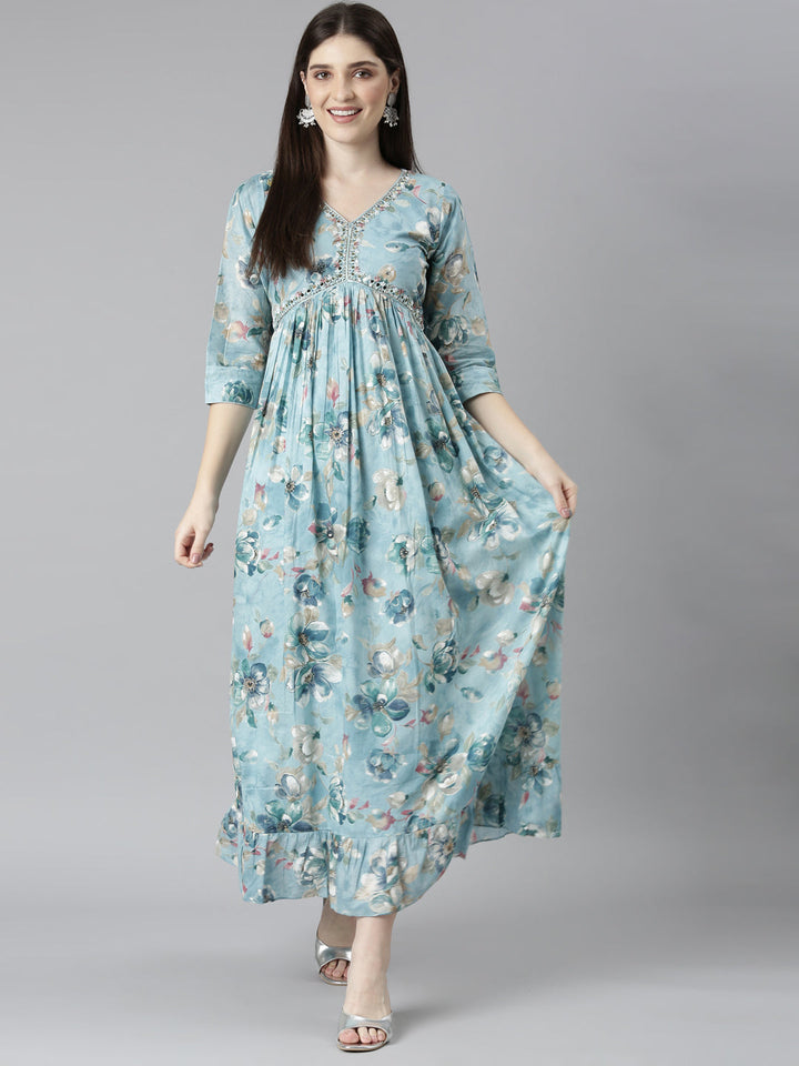 Neerus Blue floral printed straight dress - detail view 4