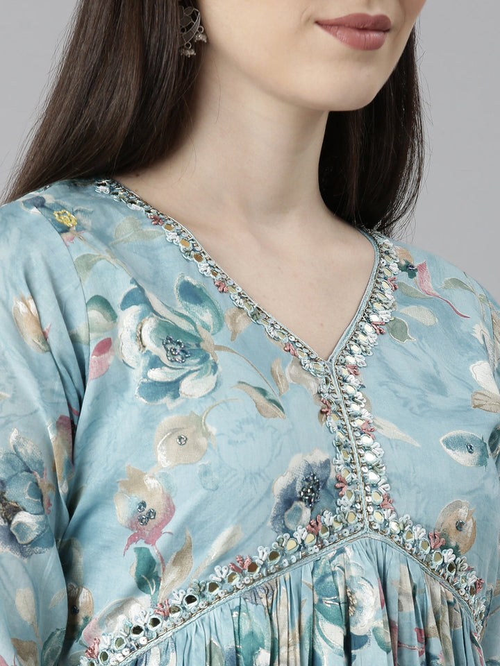 Neerus Blue floral printed straight dress - detail view 5