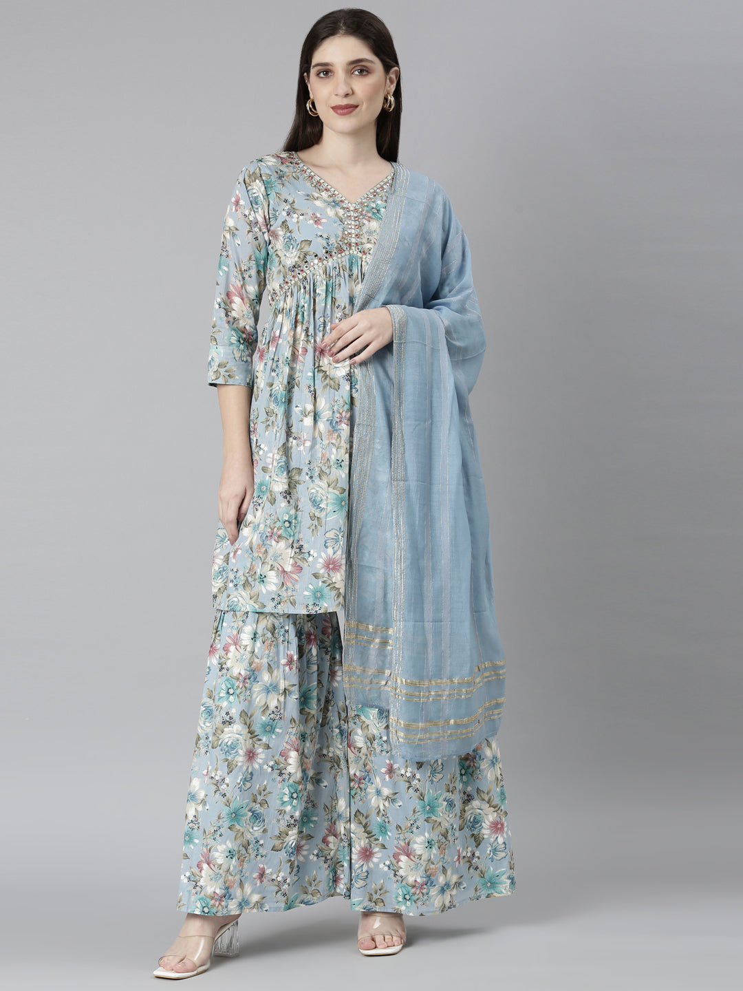 Neerus Blue printed floral kurta set with palazzo and dupatta - front view