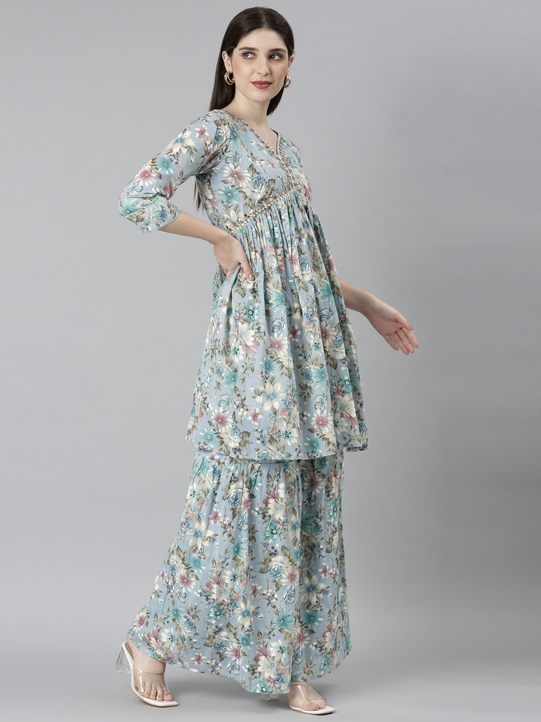 Neerus Blue printed floral kurta set with palazzo and dupatta - back view