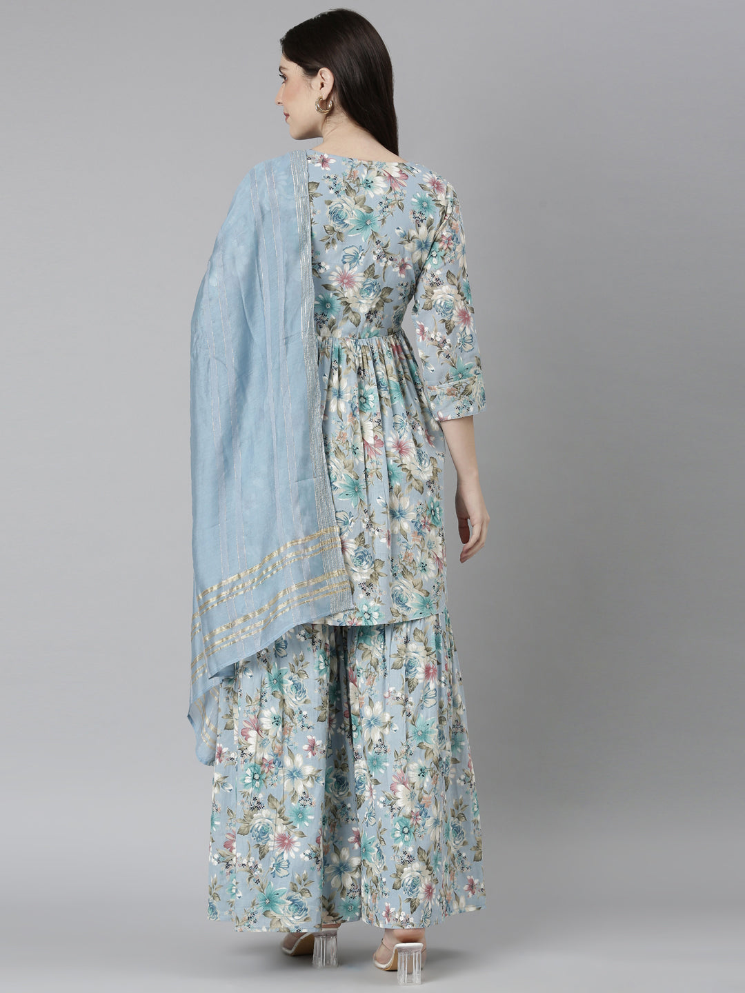 Neerus Blue printed floral kurta set with palazzo and dupatta - side view
