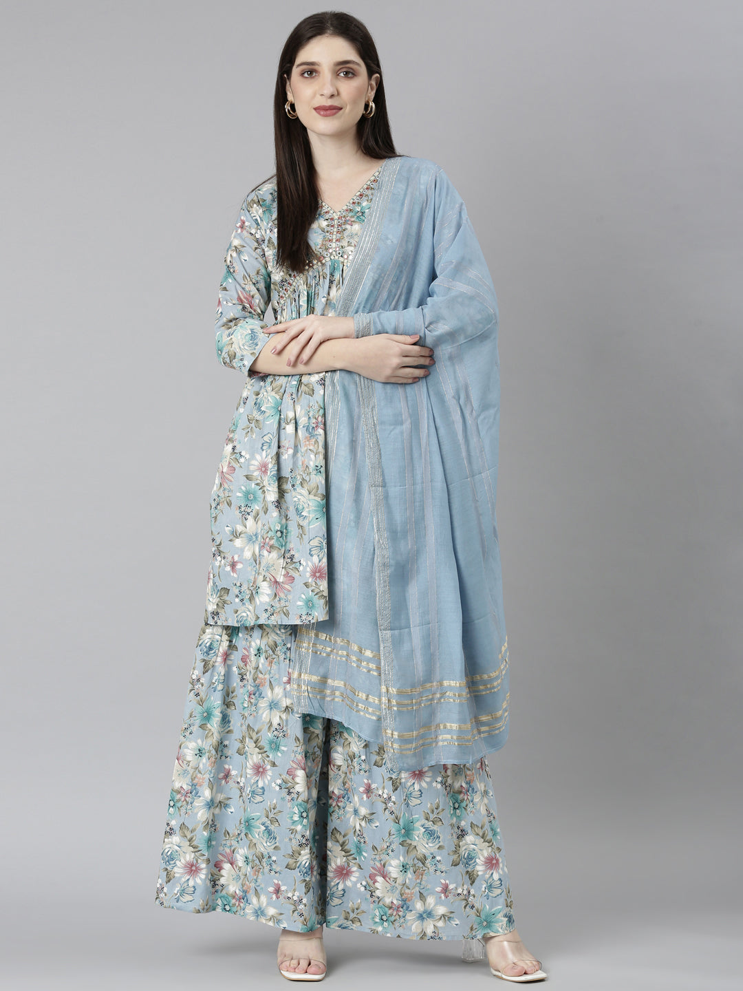Neerus Blue printed floral kurta set with palazzo and dupatta - detail view 2