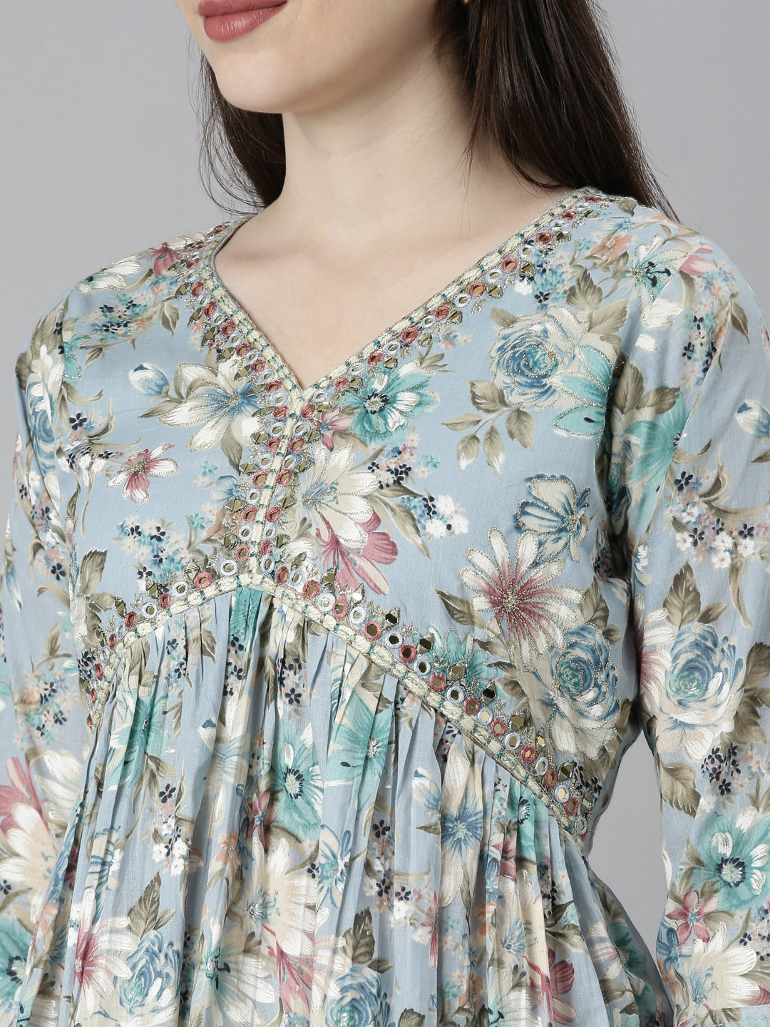 Neerus Blue printed floral kurta set with palazzo and dupatta - detail view 1