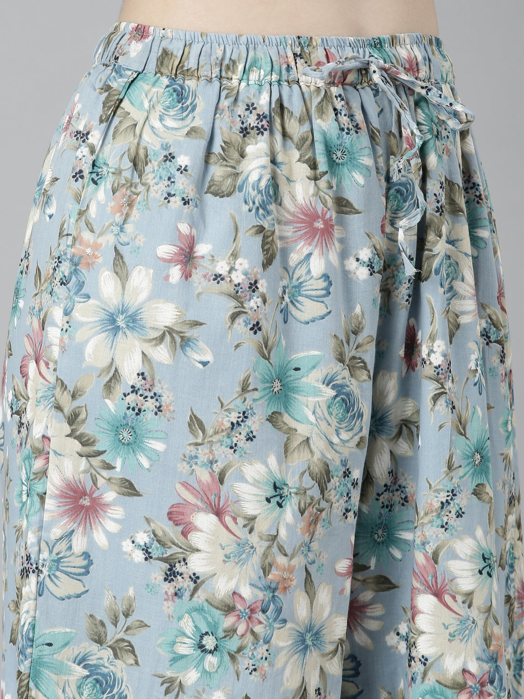 Neerus Blue printed floral kurta set with palazzo and dupatta - detail view 3