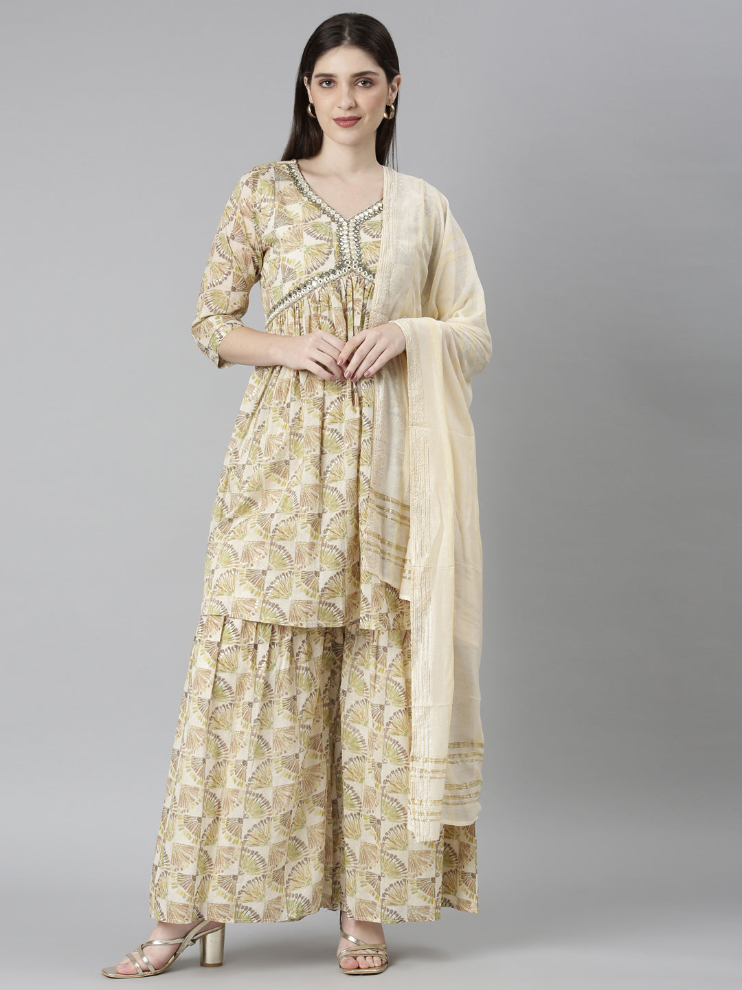 Neerus Green cotton printed kurta set with palazzo and dupatta - front view
