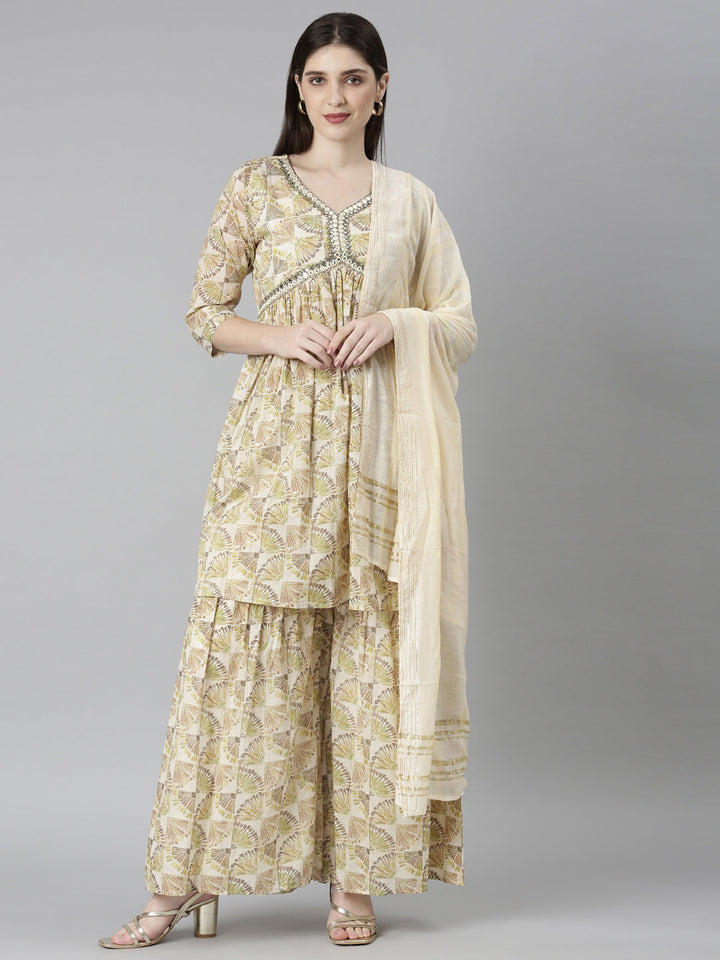 Neerus Green cotton printed kurta set with palazzo and dupatta - front view