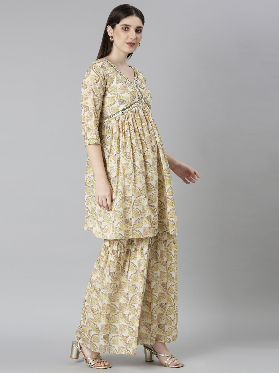 Neerus Green cotton printed kurta set with palazzo and dupatta - back view