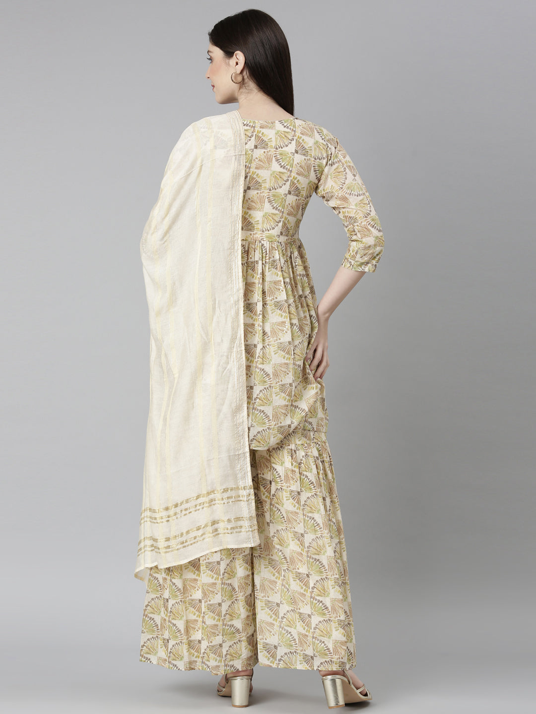 Neerus Green cotton printed kurta set with palazzo and dupatta - side view