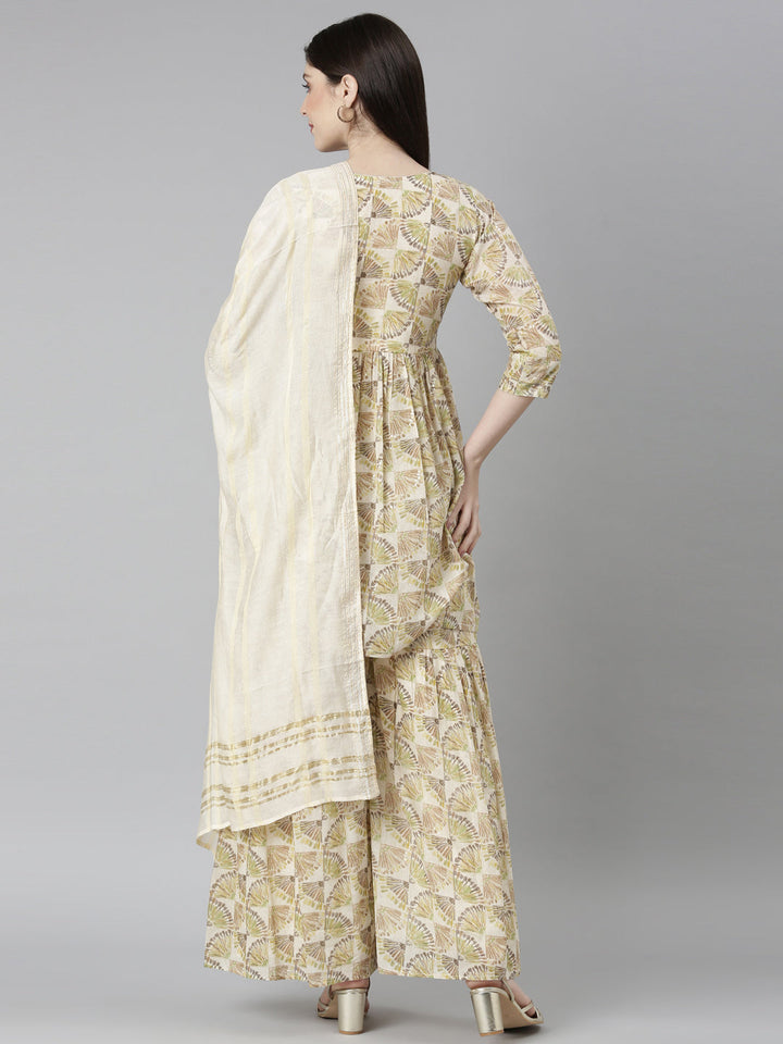 Neerus Green cotton printed kurta set with palazzo and dupatta - side view