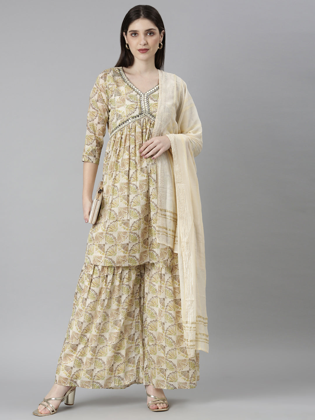 Neerus Green cotton printed kurta set with palazzo and dupatta - detail view 2