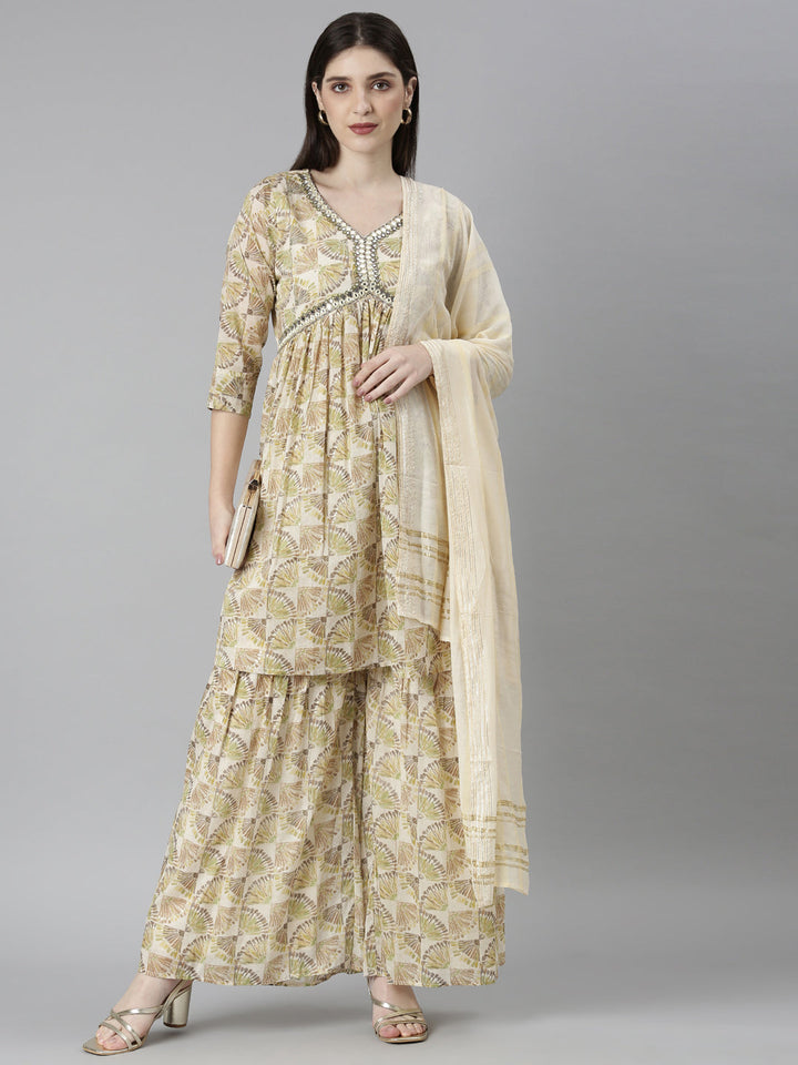 Neerus Green cotton printed kurta set with palazzo and dupatta - detail view 2