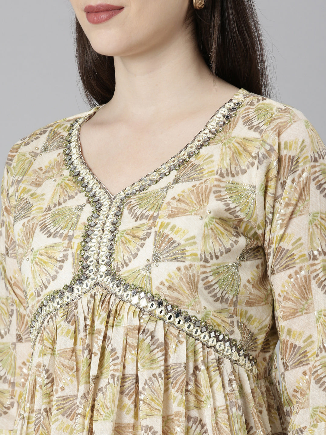 Neerus Green cotton printed kurta set with palazzo and dupatta - detail view 1