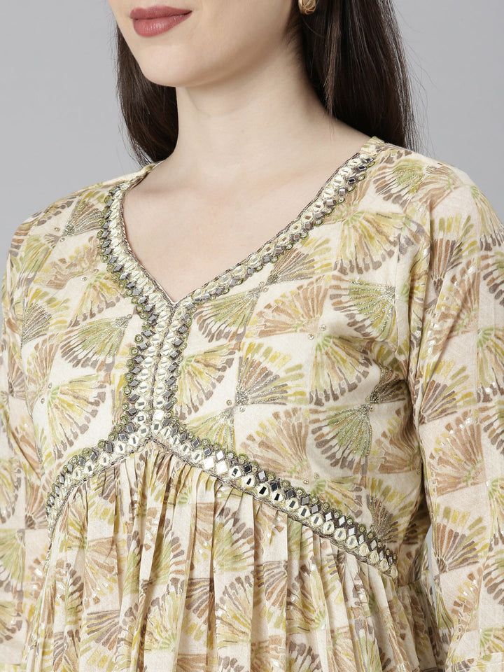 Neerus Green cotton printed kurta set with palazzo and dupatta - detail view 1