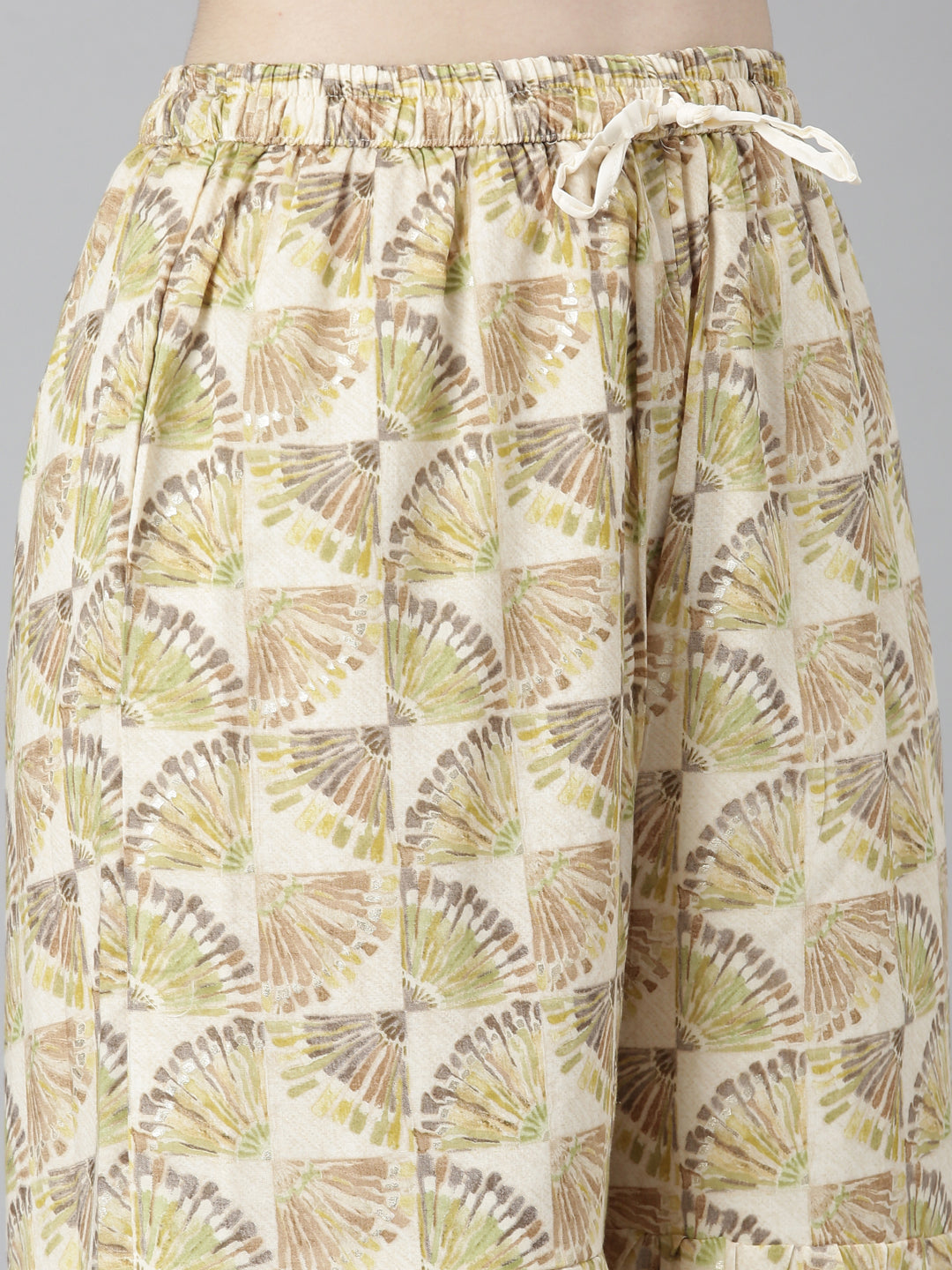 Neerus Green cotton printed kurta set with palazzo and dupatta - detail view 4