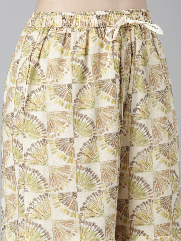 Neerus Green cotton printed kurta set with palazzo and dupatta - detail view 4