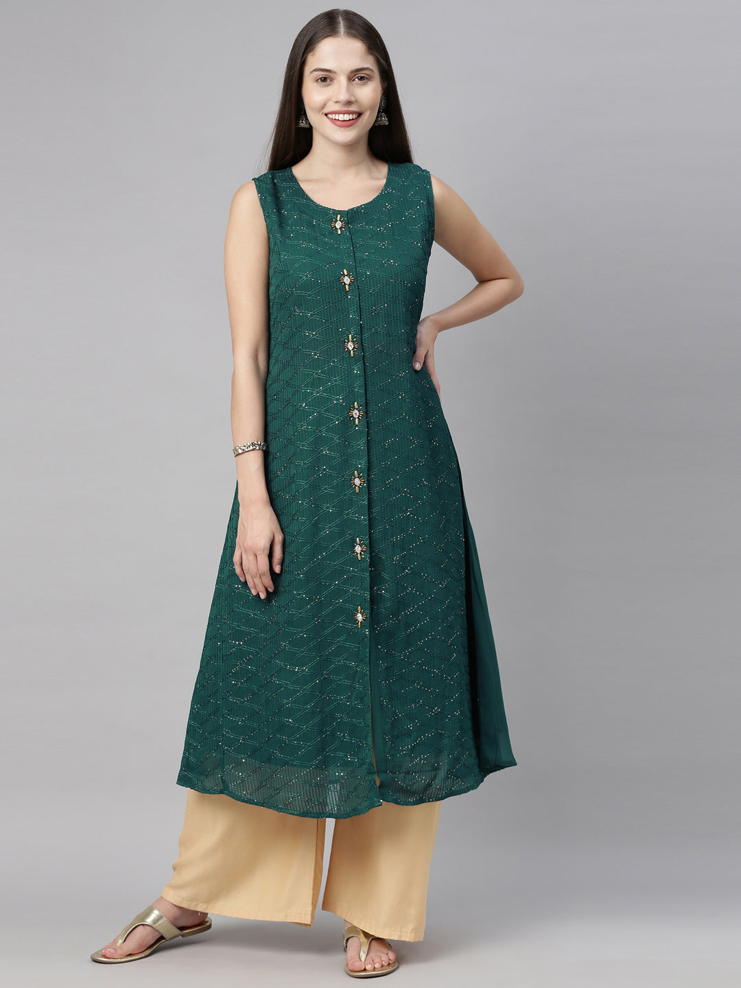 Neerus Green embellished A-Line kurta - front view