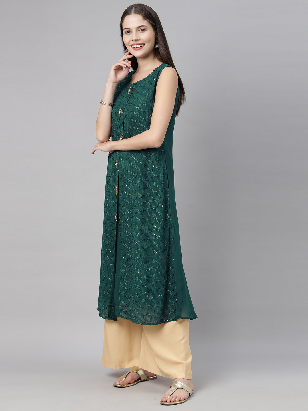 Neerus Green embellished A-Line kurta - detail view 1