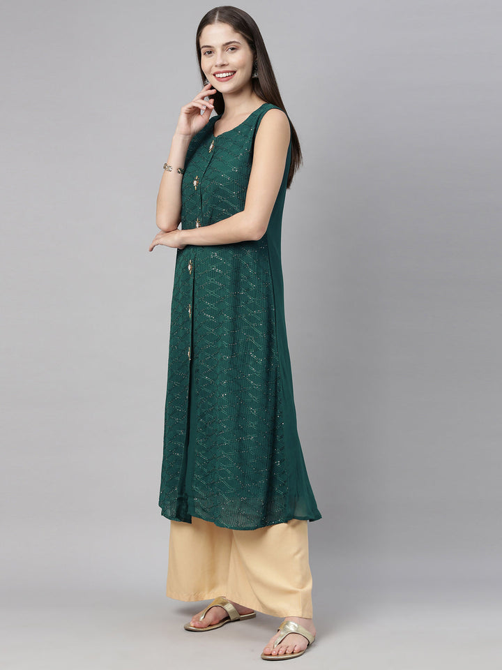 Neerus Green embellished A-Line kurta - detail view 1