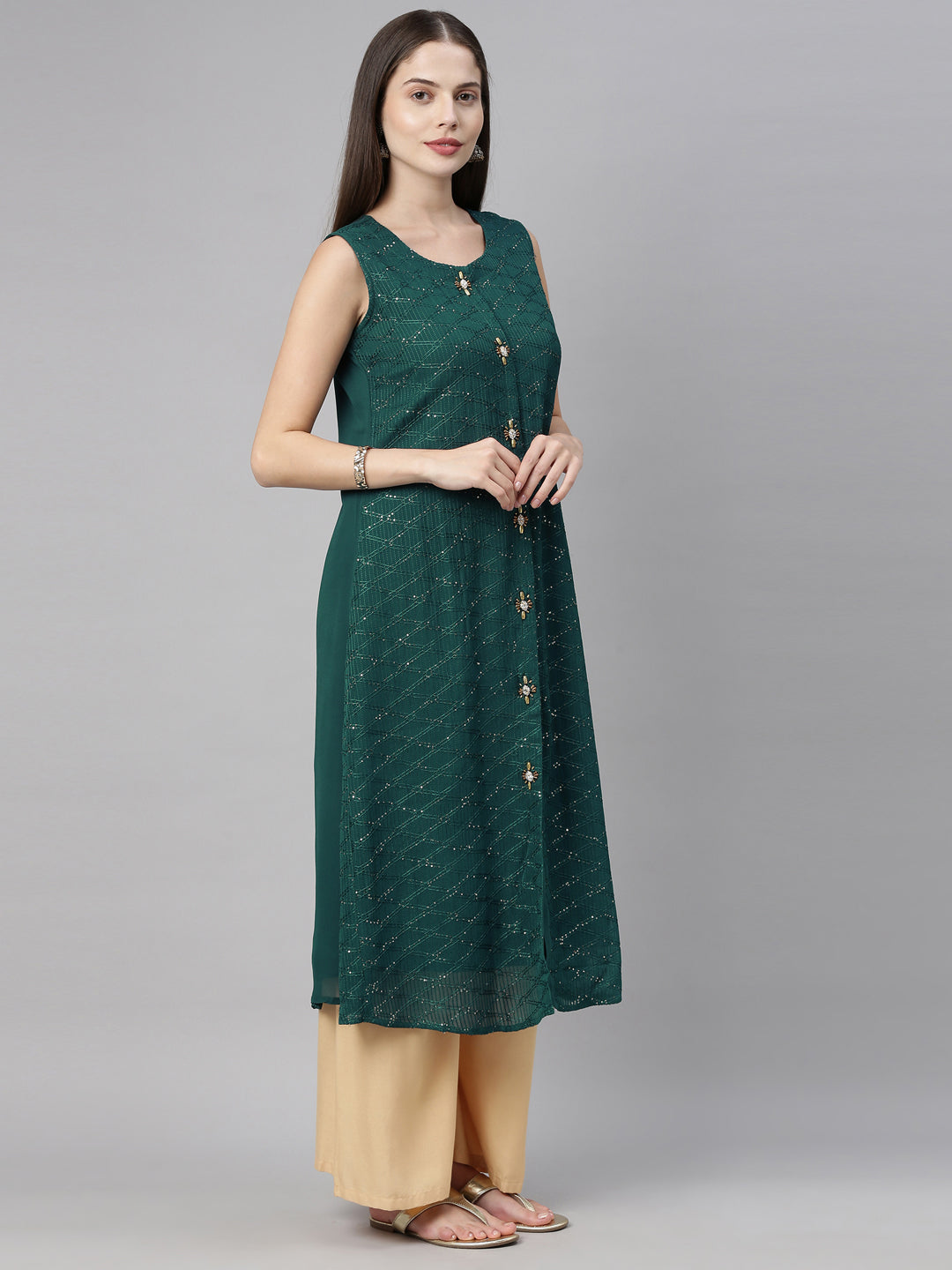 Neerus Green embellished A-Line kurta - detail view 2
