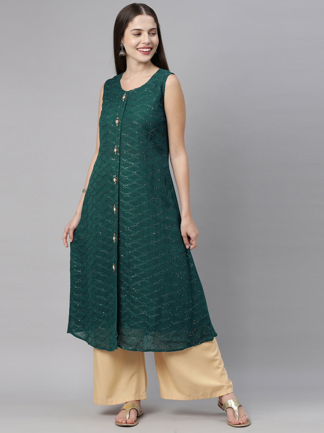 Neerus Green embellished A-Line kurta - detail view 4