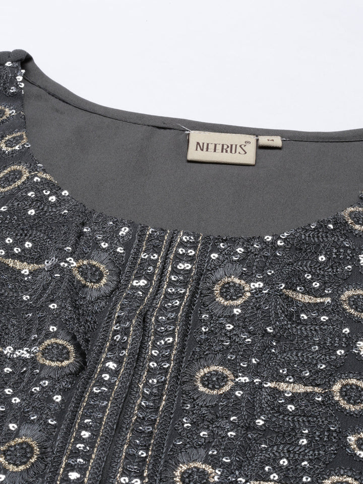 Neerus Grey georgette straight kurti - detail view 5