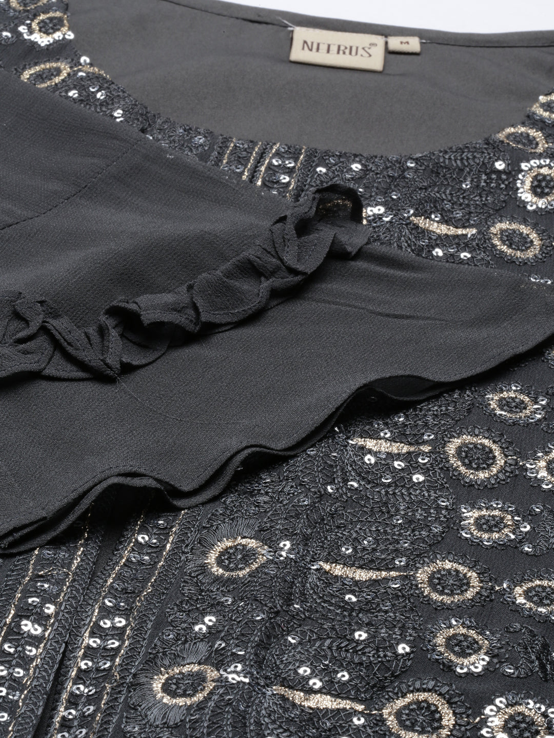 Neerus Grey georgette straight kurti - back view