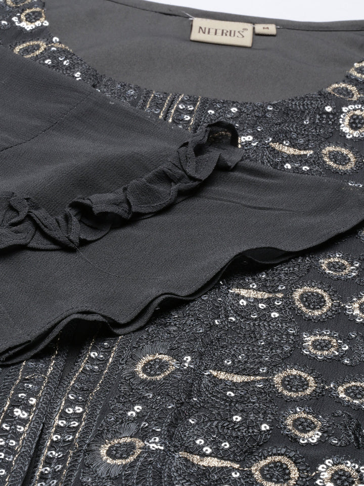 Neerus Grey georgette straight kurti - back view