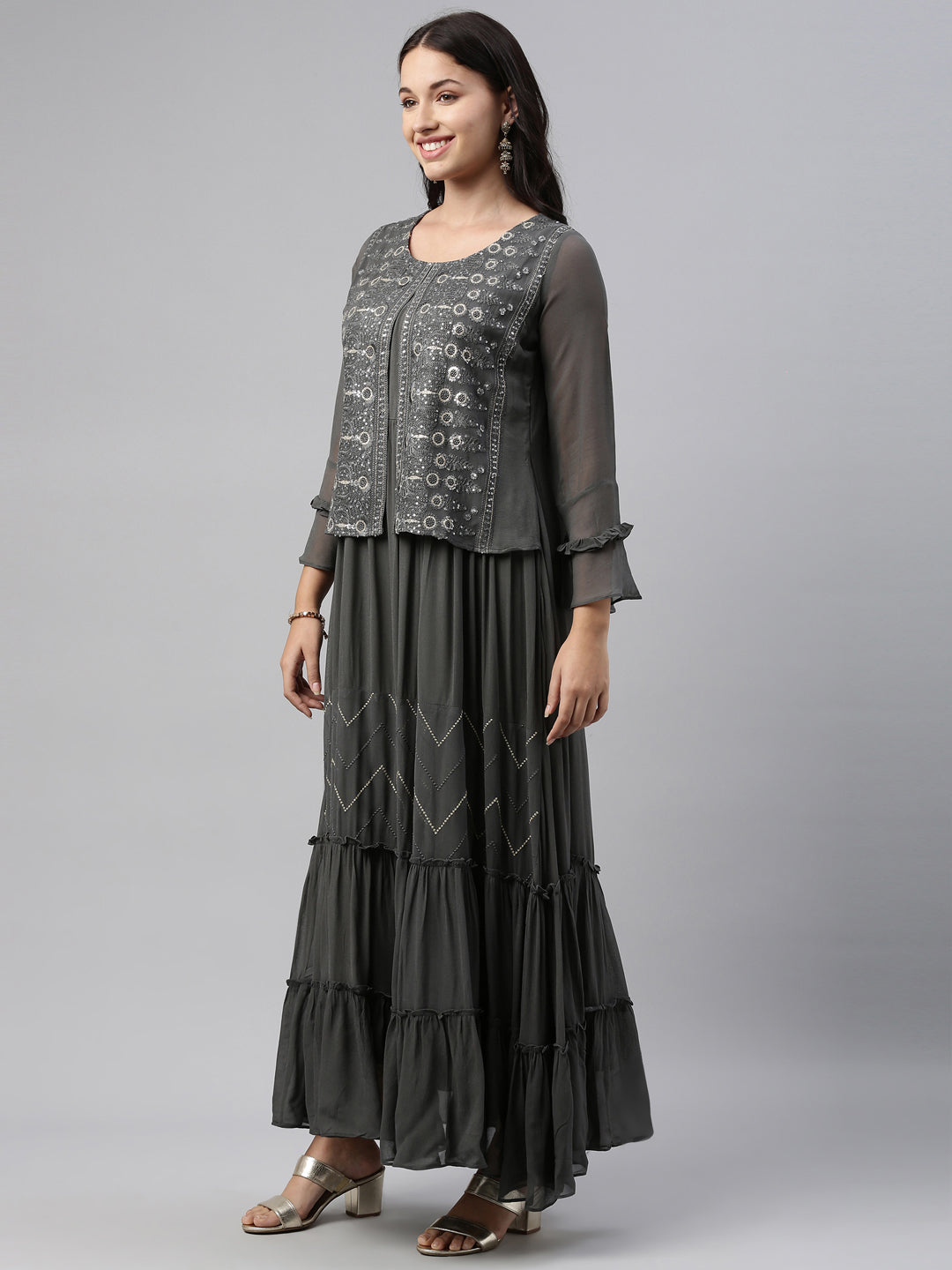 Neerus Grey georgette straight kurti - side view