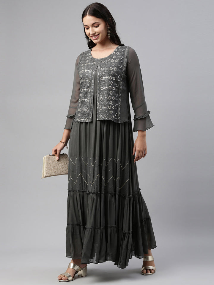 Neerus Grey georgette straight kurti - front view