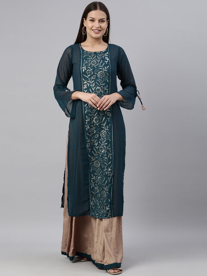 Neerus Green georgette straight kurti - front view
