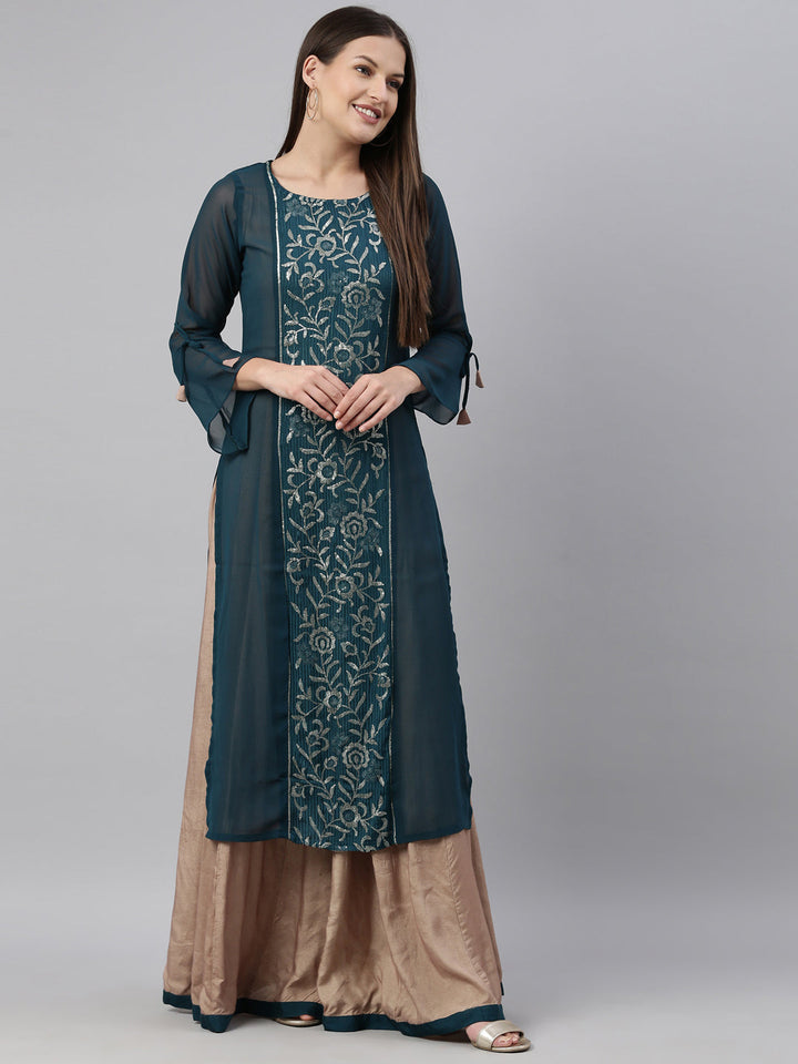 Neerus Green georgette straight kurti - detail view 4