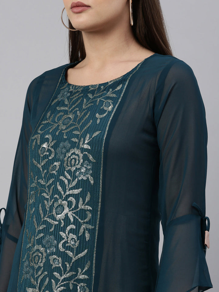 Neerus Green georgette straight kurti - detail view 6