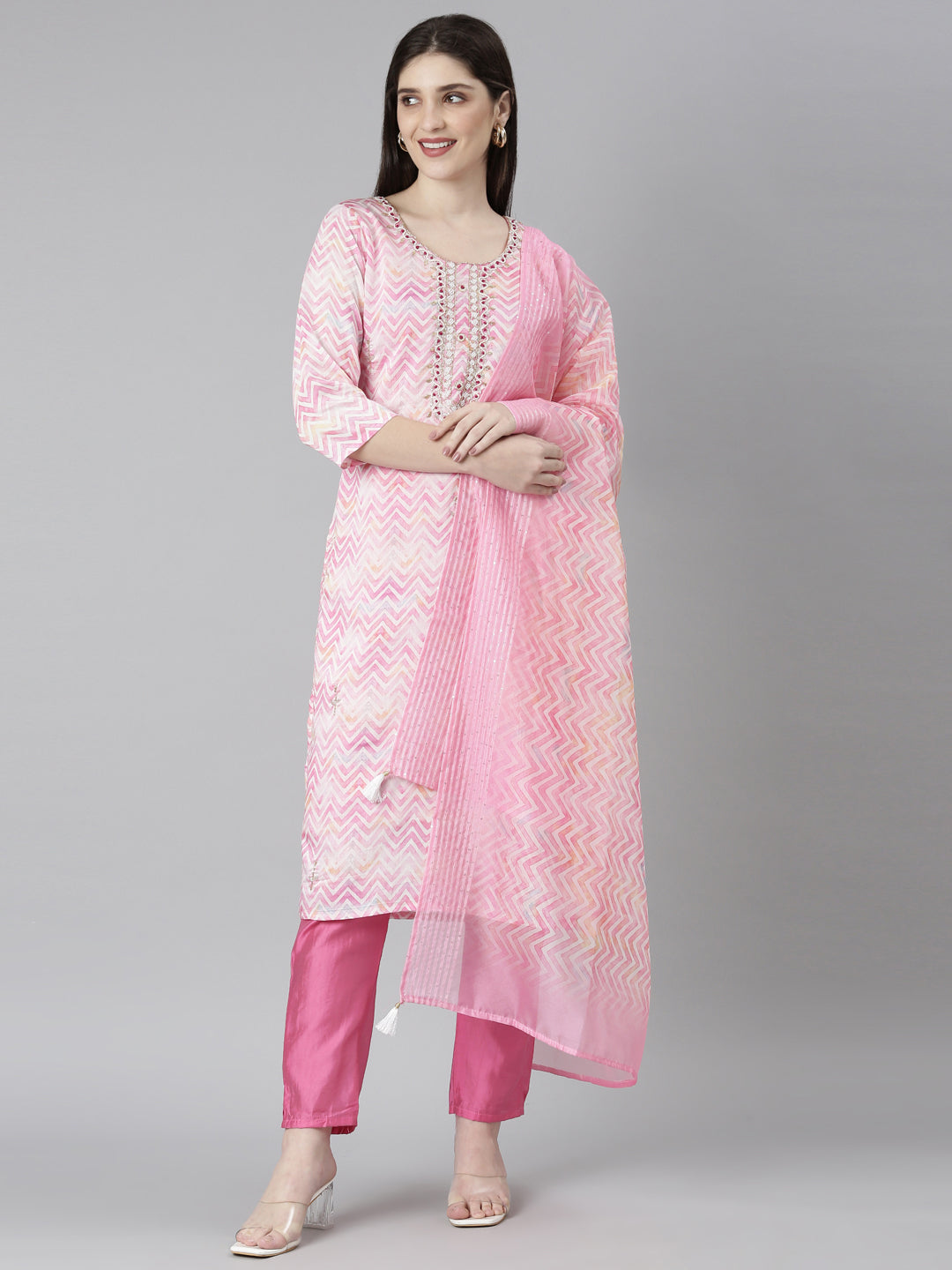 Neerus Pink printed straight kurta set with trouser and dupatta - front view