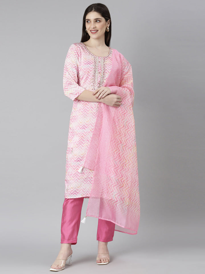 Neerus Pink printed straight kurta set with trouser and dupatta - front view